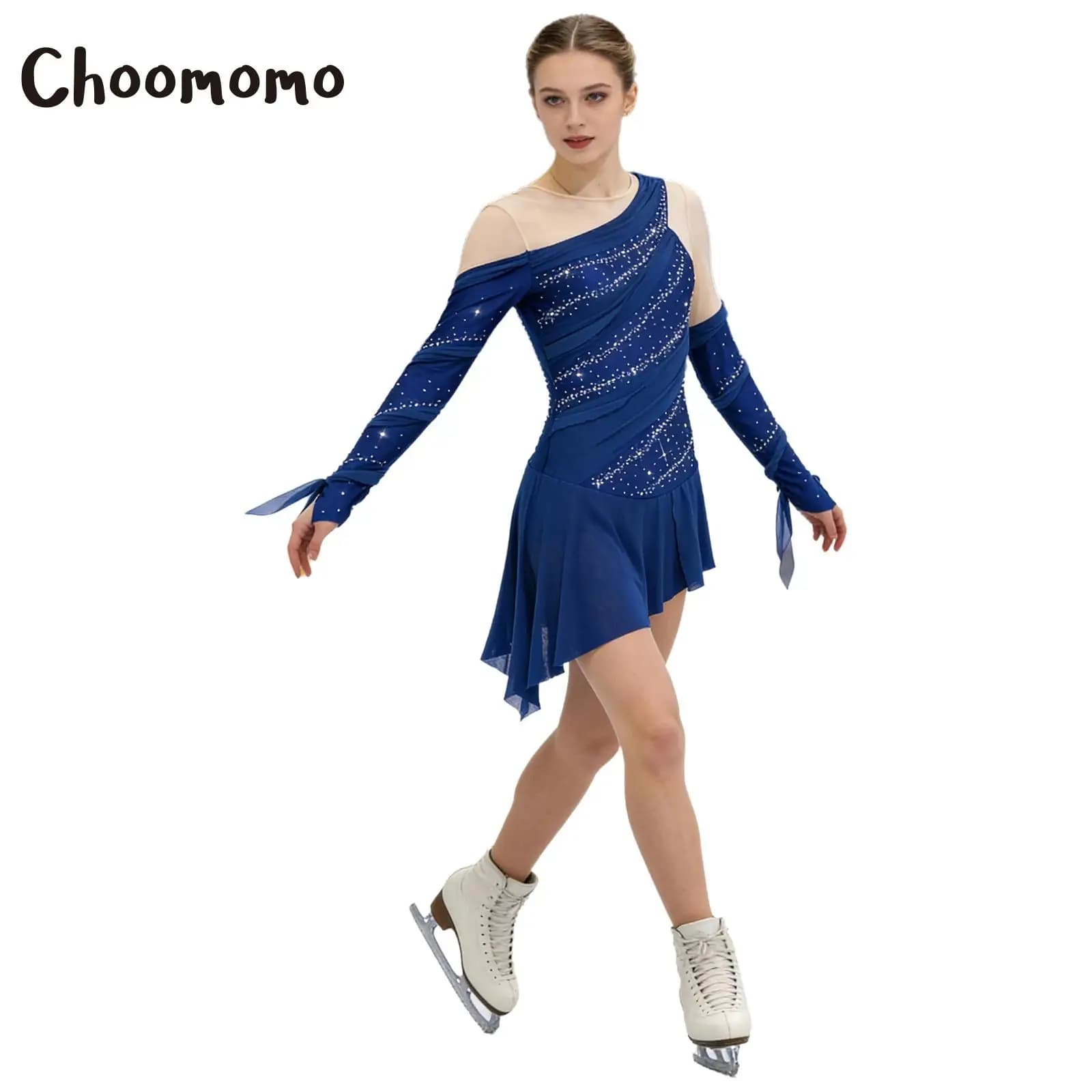 Abito da Pattinaggio Artistico per Donne, Senza Schienale, con Rete Irregolare e Strass, Costume Contemporaneo per Ginnastica, Balletto e Danza Latina