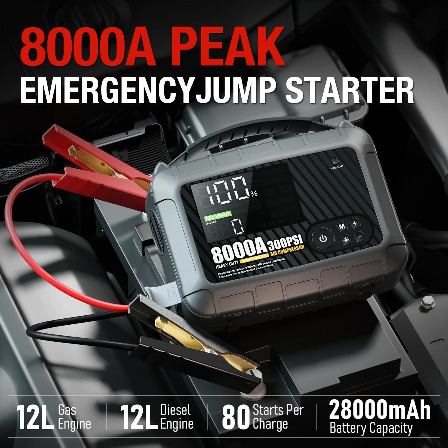 Avviatore di emergenza per auto Peak 8000A Amplificatore batteria professionale da 12 V per impieghi gravosi per auto, camion/veicoli