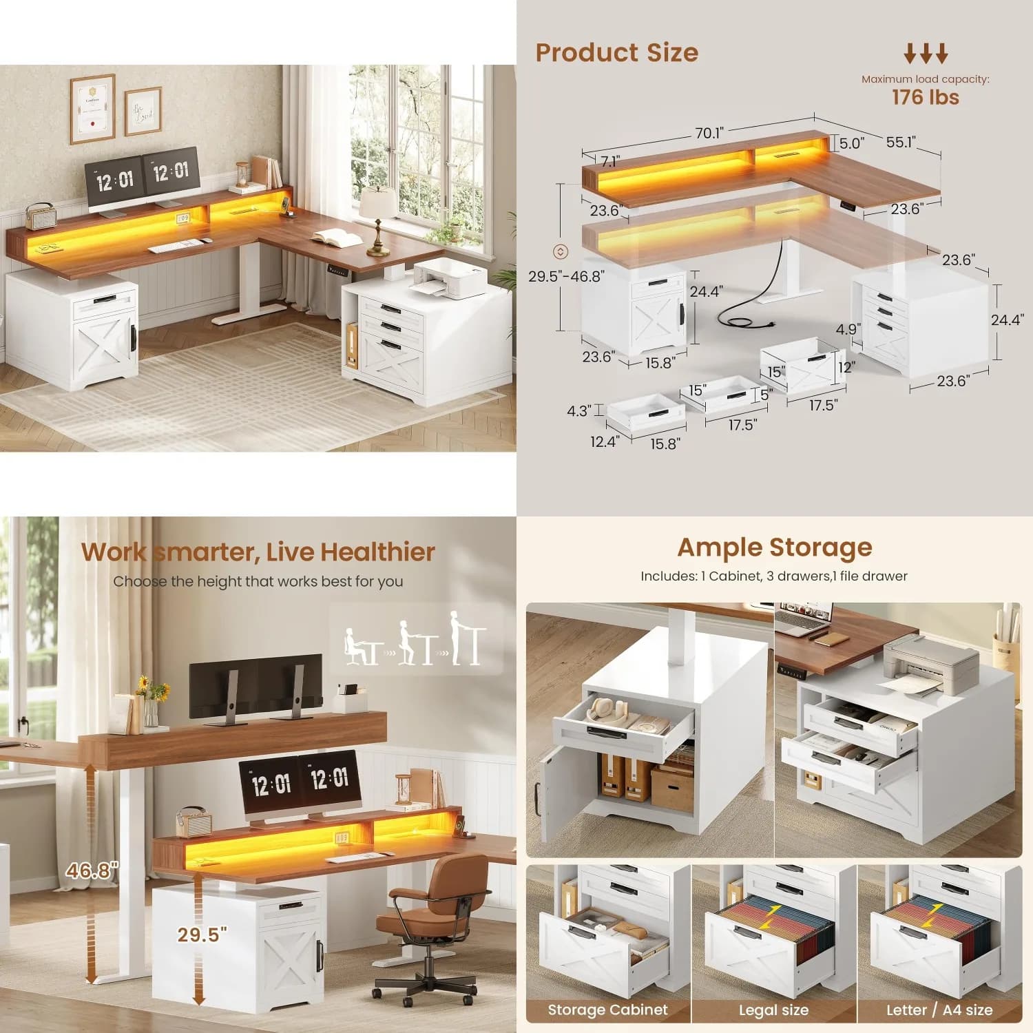 Scrivania a L Regolabile in Altezza con Cassetti, Supporto Monitor, Luci LED, 70"x73" Bianca, Personalizzabile