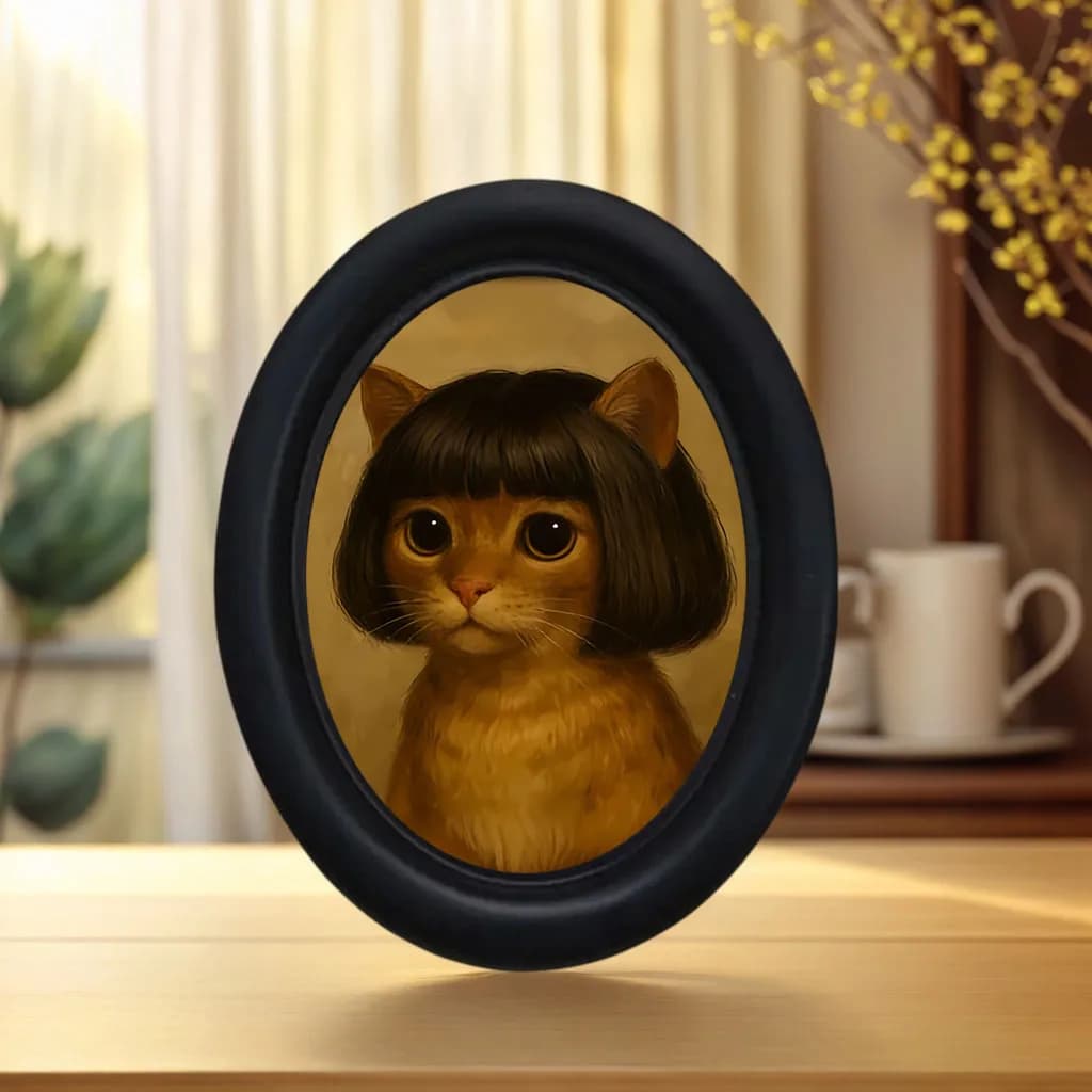 1 wall decorative painting with long-haired cat, funny decorative painting with cat and extravagant wig, mini wooden hanging painting, unique home decoration, kitchen, office, funny gift, party gift