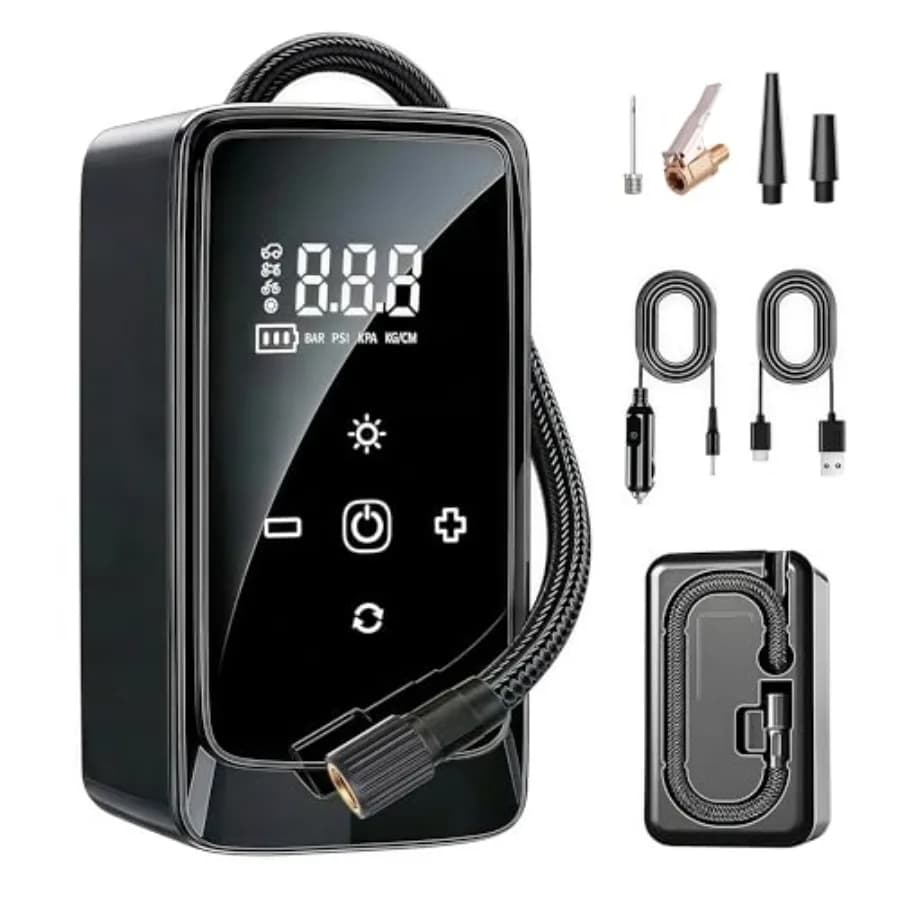 Compressore d'aria portatile per gonfiaggio pneumatici, doppia alimentazione 12V DC - Compressore d'aria ricaricabile con display digitale e pompa per pneumatici con LED