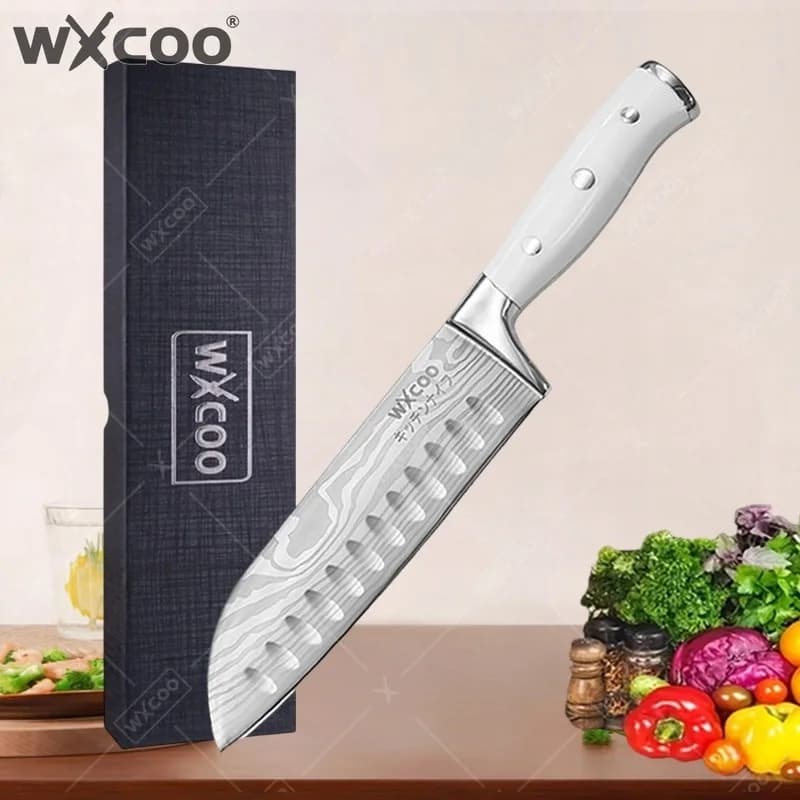 WXCOO Damascus Pattern Kitchen Knife with Japanese Santoku Knife Fruit Slicing Utility Knife Kitchen Accessories Gift Box