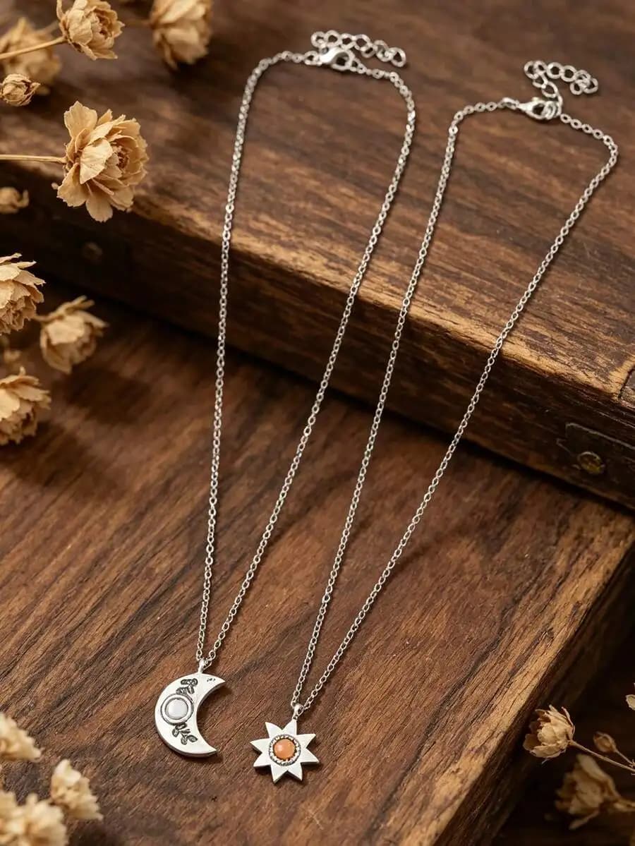 2pcs Moon And Sun Couple Alloy Necklace With Synthetic Gemstone