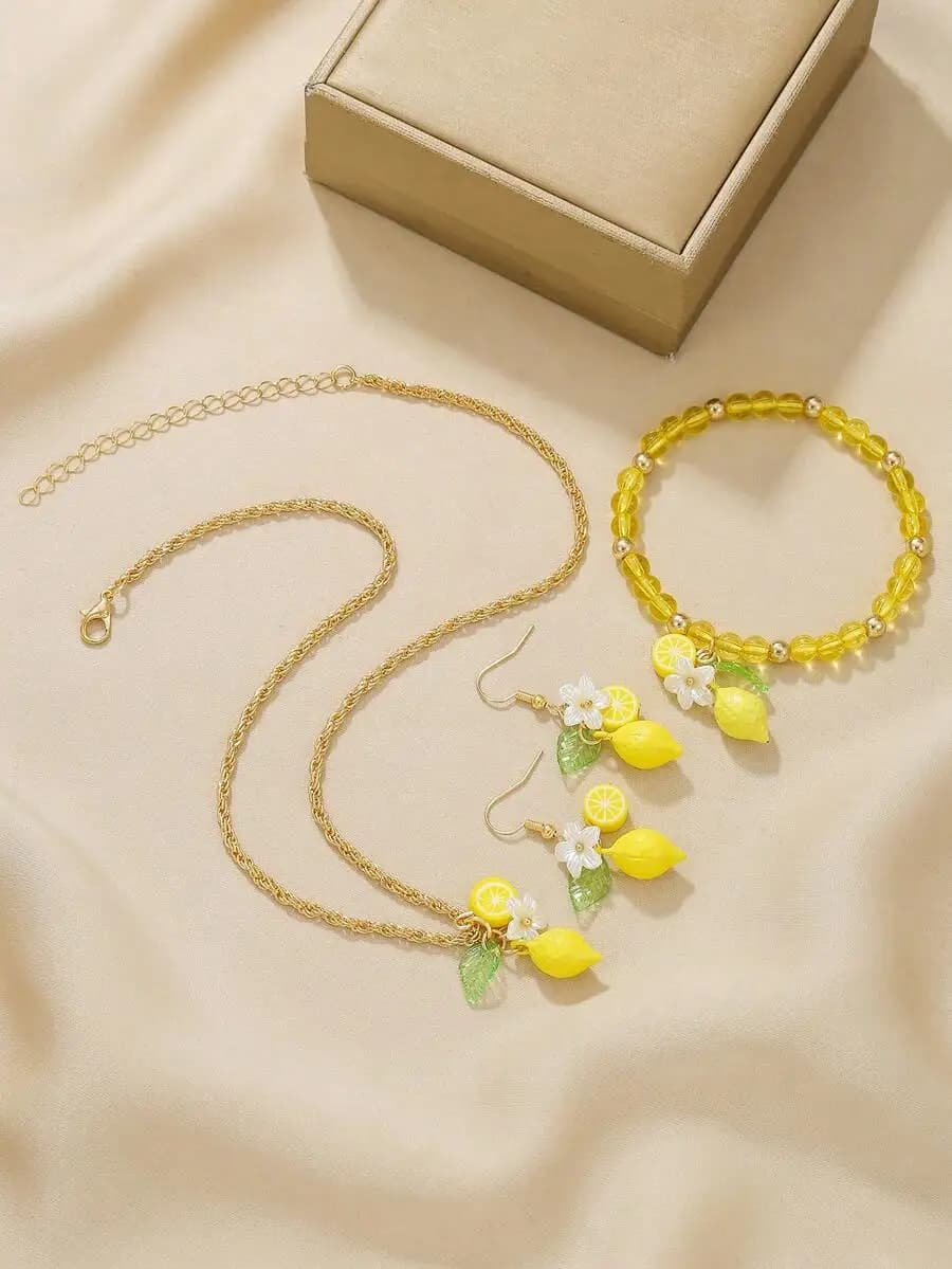 Lemon Design Jewelry Set Necklace Bracelet Earrings For Women Summer Fashion Accessories
