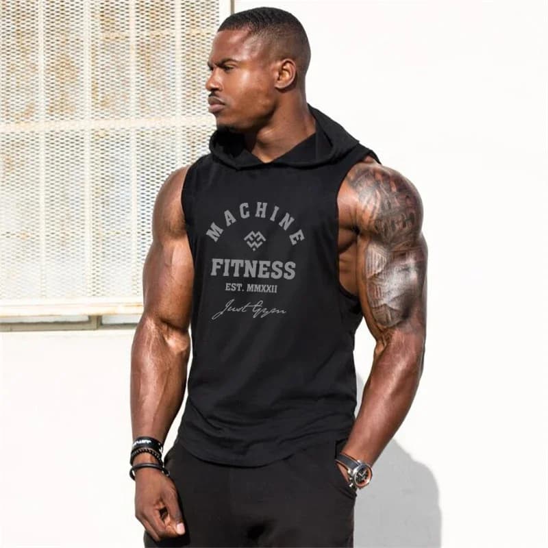 Abbigliamento sportivo da palestra con cappuccio Canotte fitness traspiranti in cotone estivo Canotte muscolari laterali aperti Felpa con cappuccio senza maniche per bodybuilding da uomo