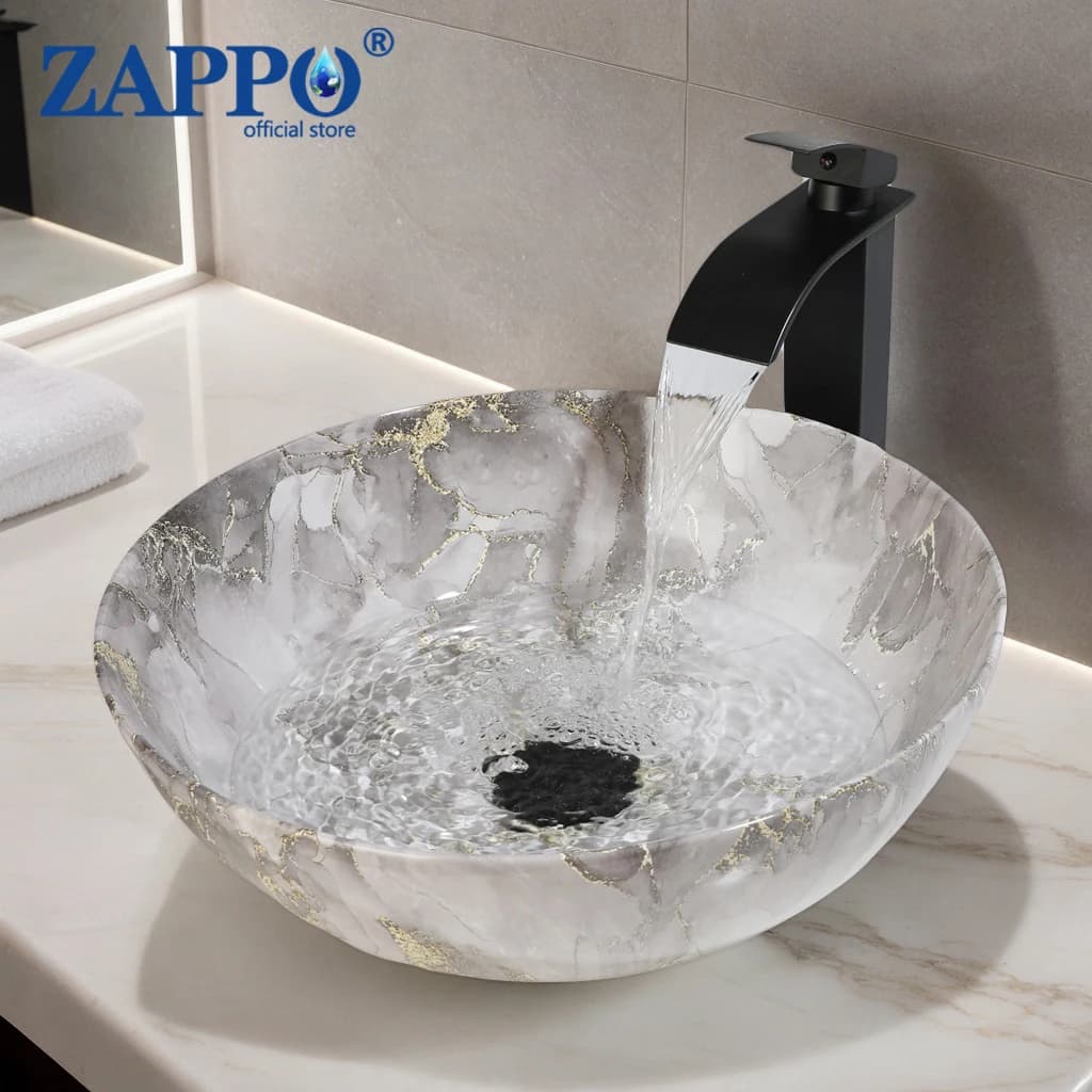 Lavabo da appoggio ZAPPO in ceramica effetto marmo con rubinetto nero, ciotole rotonde per bagno, grigio e lamina oro