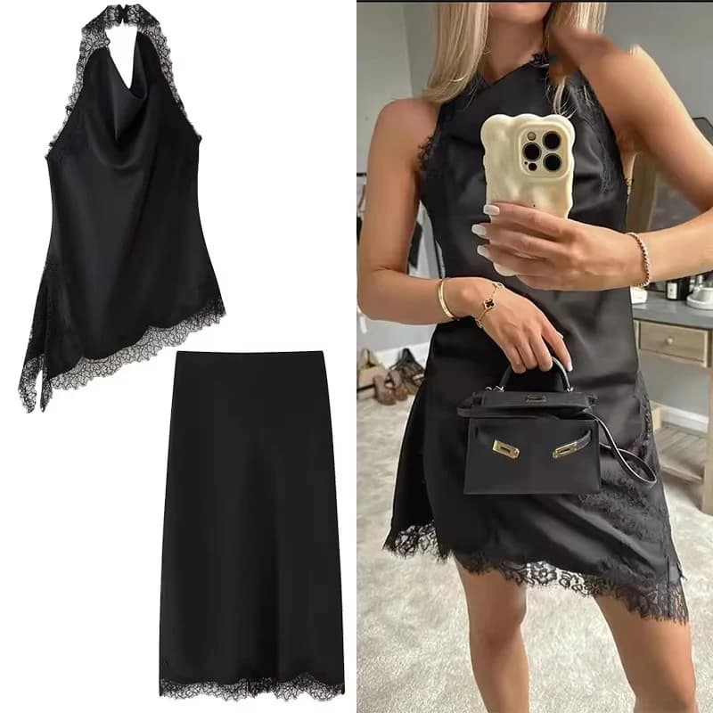 Gonne longuette in raso di pizzo Set da due pezzi per donna 2025 Nuovi abiti con scollo all'americana in pizzo Abiti eleganti da donna estivi in 2 pezzi