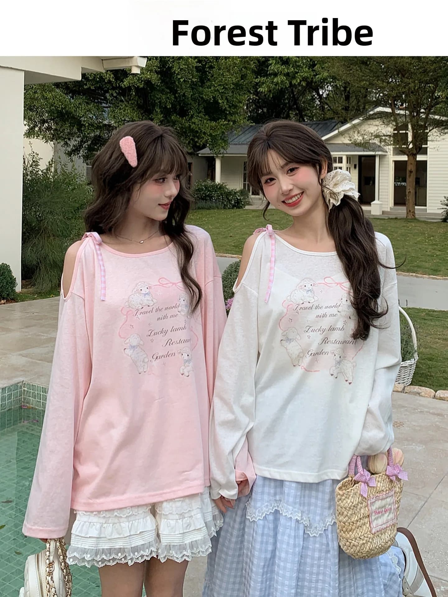 Sweet Style Long Sleeve Shoulder Bared Women's T-shirt Spring New Loose Fit Cotton Polyester Blend Fairy Tale Print Casual Top