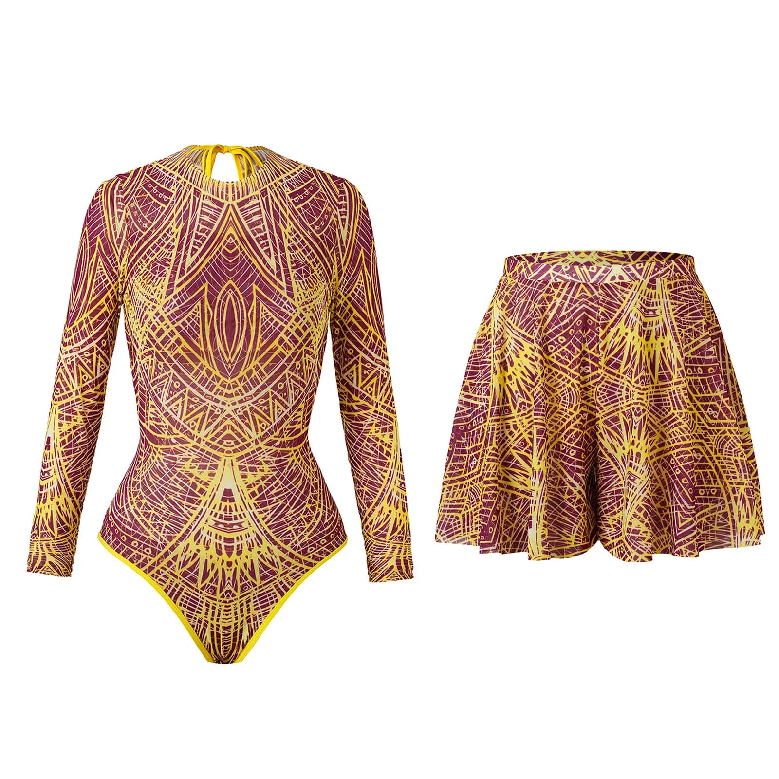 Women's Long-Sleeved Mesh One-Piece Swimsuit Intelligent Sun Protection with Short Skirt