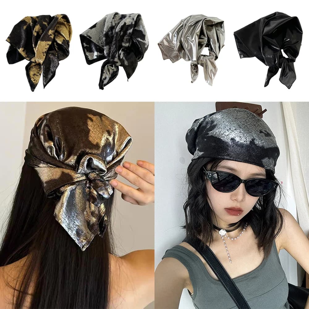 Y2K hair scarf with liquid silver leopard print, Korean scarf for girls, sun protective scarf, hip-hop turban, hair band