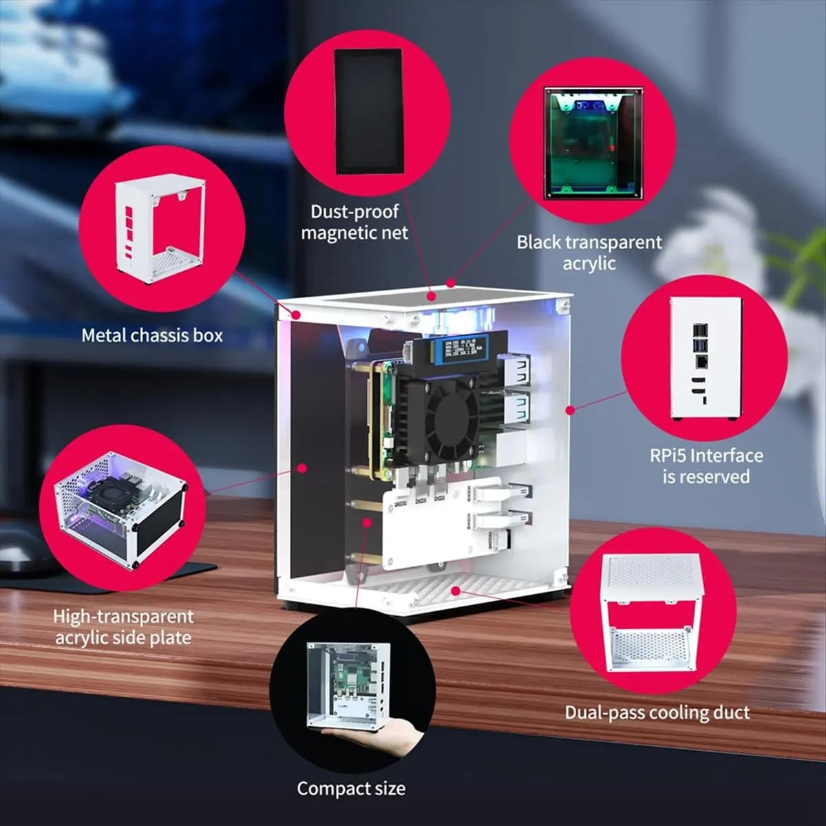 (BAAY) Case per Raspberry Pi 5, Case Desktop Micro con Raffreddamento Attivo, Ventola PWM, Barra Luminosa RGB, Mini Case PC Tower