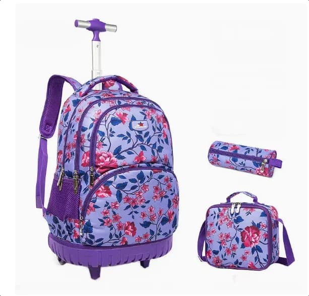 Set di zaini trolley da scuola per bambini, impermeabili, con ruote, da 18 pollici, zaino da viaggio per bambini, set da 3 pezzi per ragazze