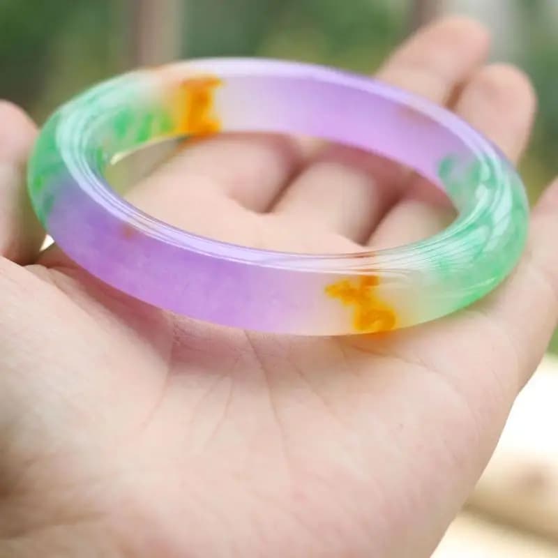 Women's Jade Bracelet with Floating Flower with Colorful Ice Seeds, Yellow Color Bracelet, Fat Round Silk Jade Bracelet