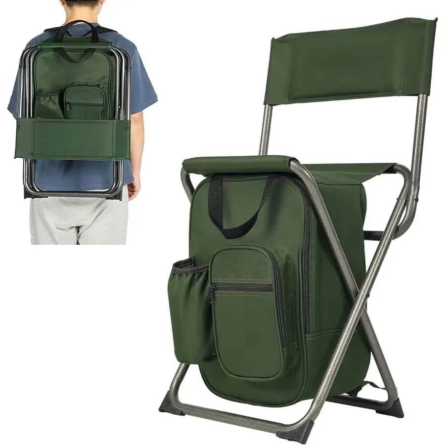 Sedia da Pesca Pieghevole con Schienale e Borsa Termica Integrata, Sgabello Compatto per Campeggio, Escursionismo, Caccia, Viaggi, Supporta fino a 22 kg