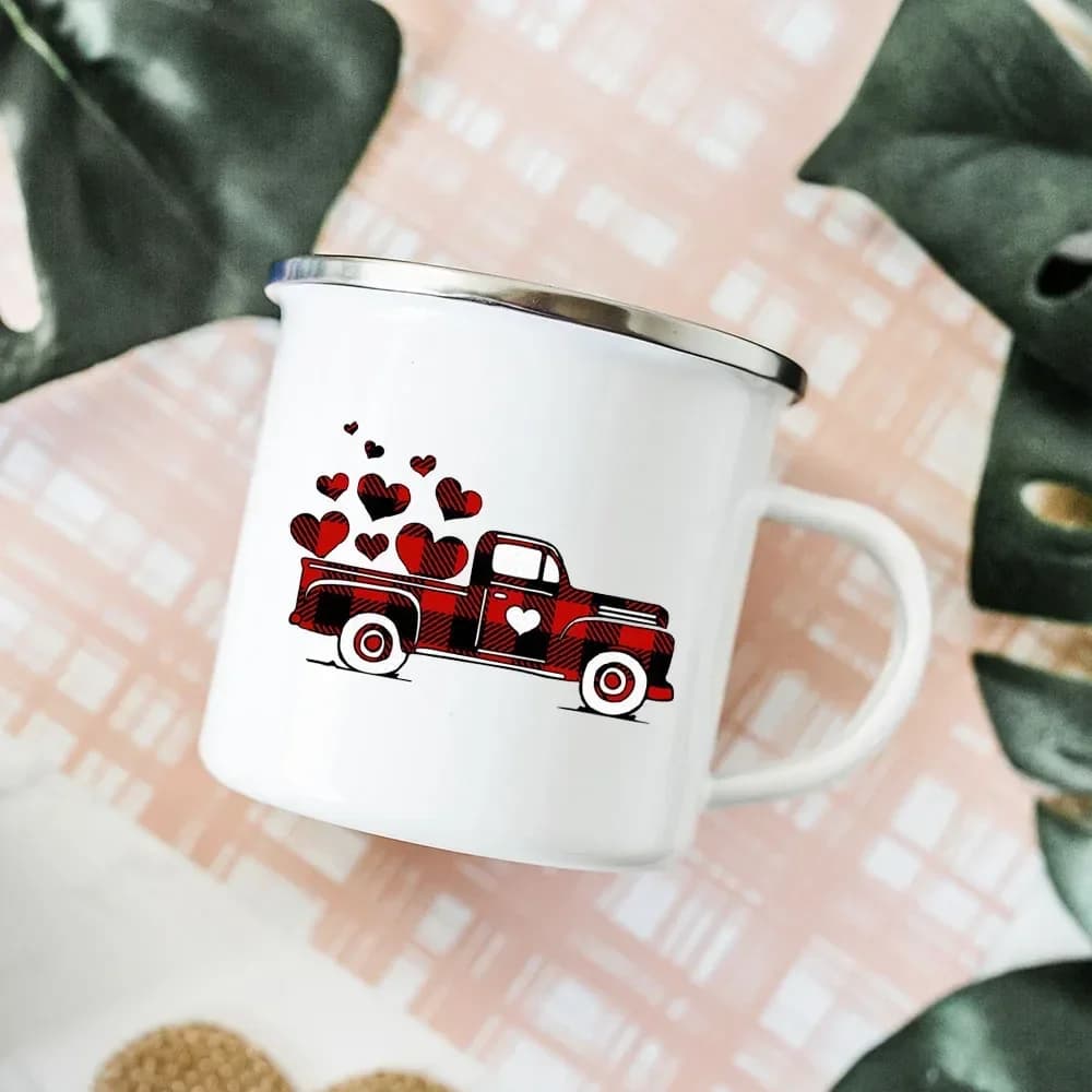Coppie Colazione Latte Avena Tazze di cacao Cartone animato Camion rosso Amore Cuore Tazze smaltate Amico Festa Birra Bevanda Tazza Regali di San Valentino