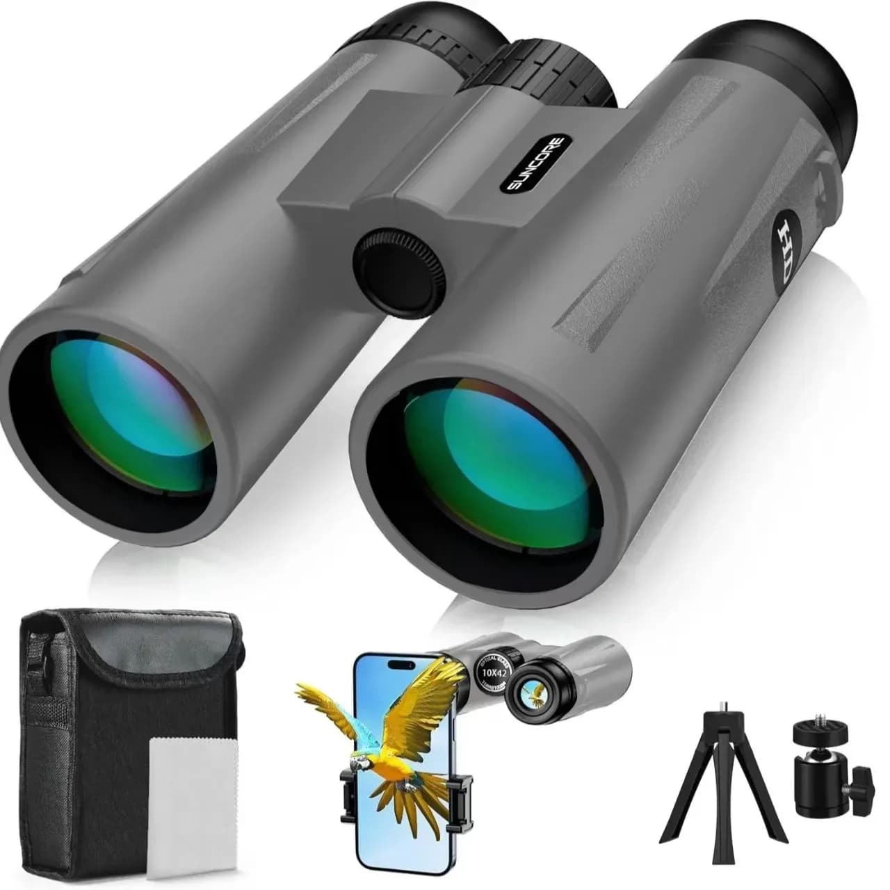 Binocolo SUNCORE 10x42 HD - Compatto e Leggero per Birdwatching, Viaggi e Attività all'Aperto | Corpo in ABS resistente | Finitura Opaca Liscia