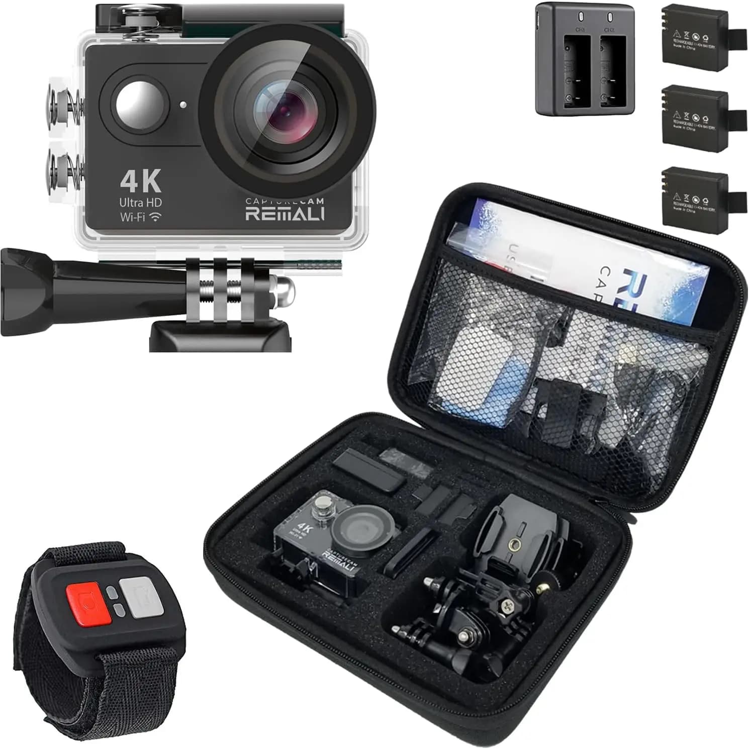 CaptureCam 4K60FPS Action Waterproof room with 21-piece kit and 3 batteries – Perfect for sports, fishing, travel