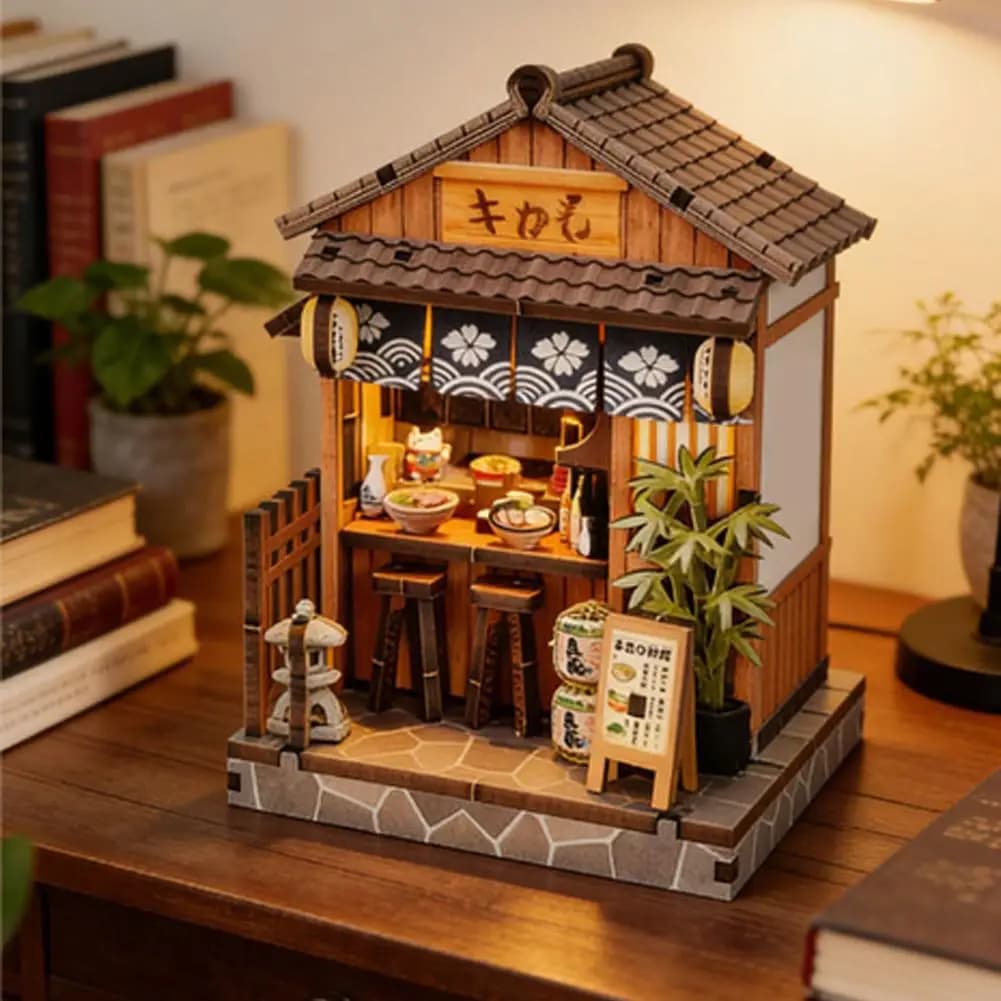 Miniature Fai-da-Te di Taverna Giapponese in Legno con Luce LED e Libreria, Regalo di Compleanno per Amici, Decorazione per la Casa