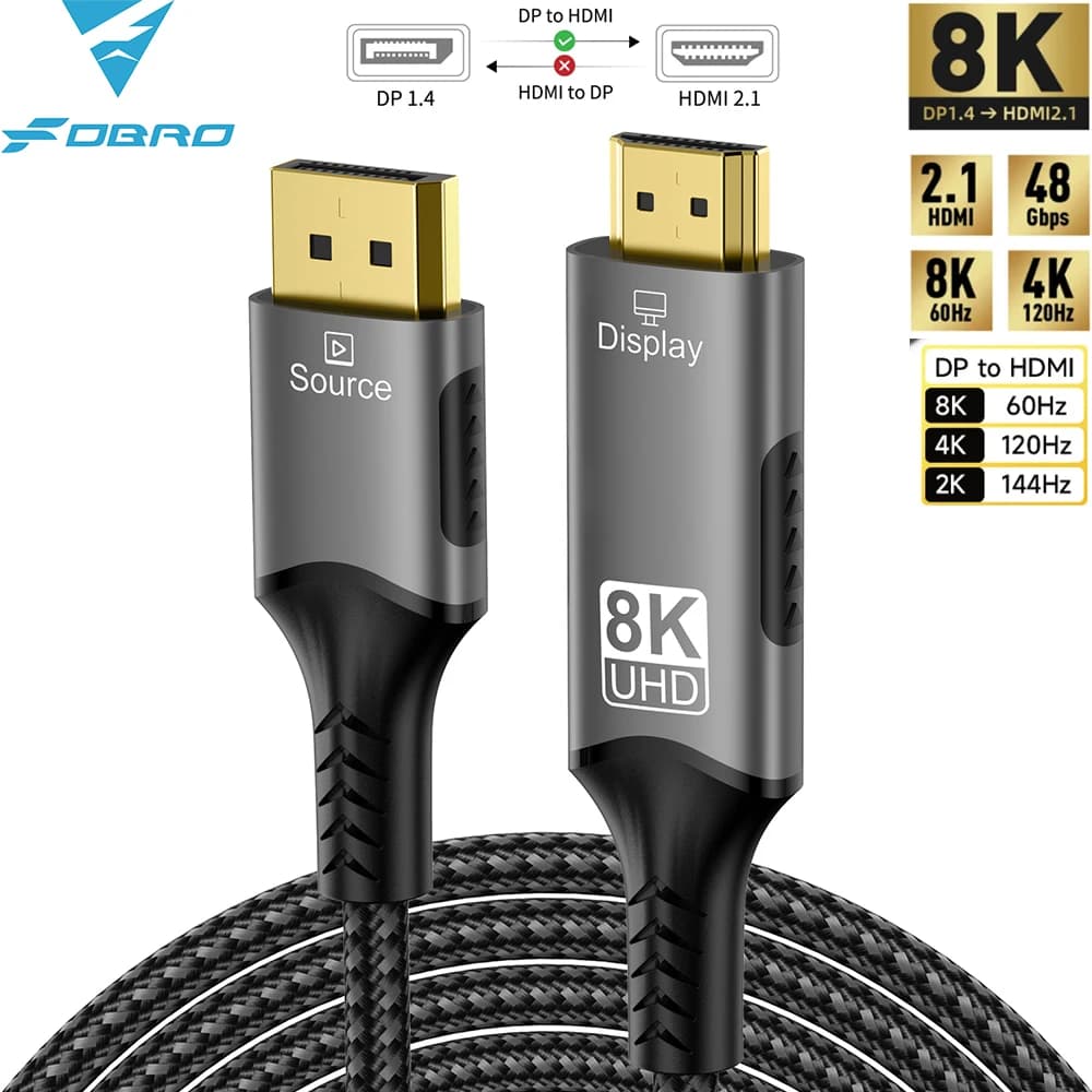 4K 8k@60Hz DisplayPort to HDMI 4k@120Hz 48Gbps hdmi 2.1 audio and video compatible cable high speed for TV PC Projector Laptop