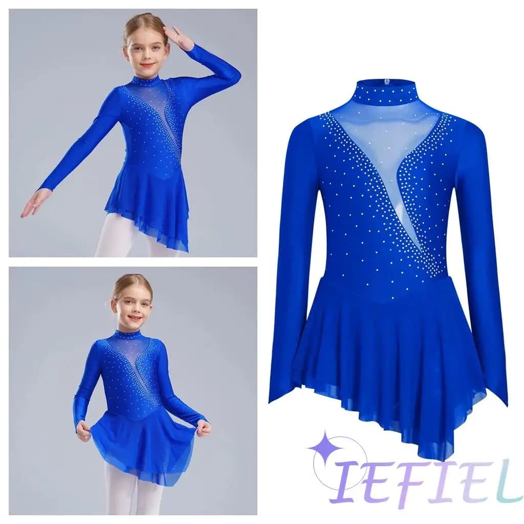 Ragazze Figura Pattinaggio su ghiaccio Vestito da balletto Palcoscenico Costume di danza lirica Tutu con gonna Ginnastica Body Decorazione con strass Dancewear