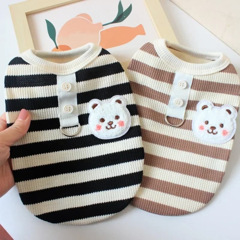 Small Dog Summer Outfit with Leash Striped T-Shirt And Waffle Grid Vest Cat And Dog Clothes for Spring/Summer