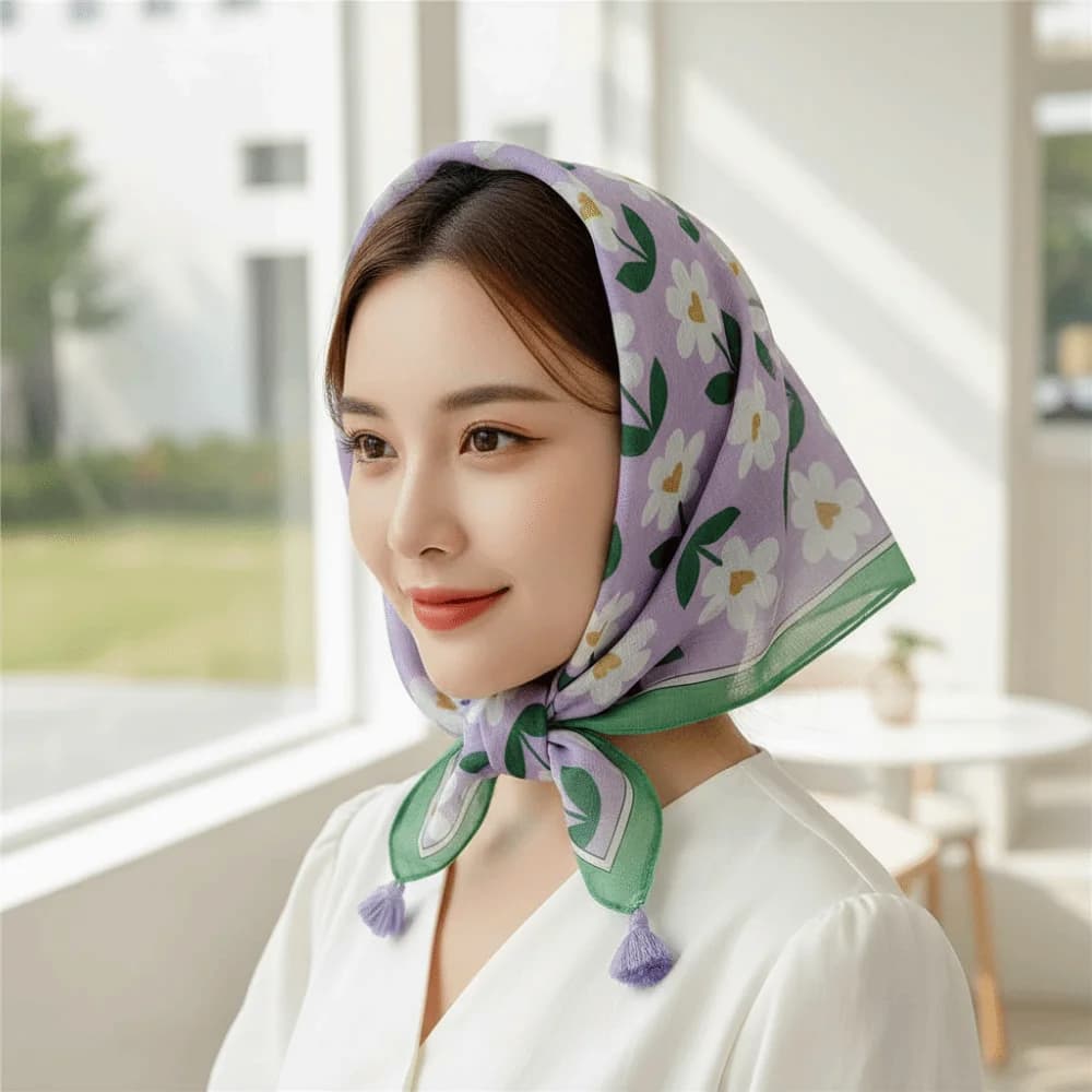 Foulard Quadrato in Cotone-Lino con Nappe 60x60cm, Traspirante, Morbido, con Frange, per Capelli e Collo