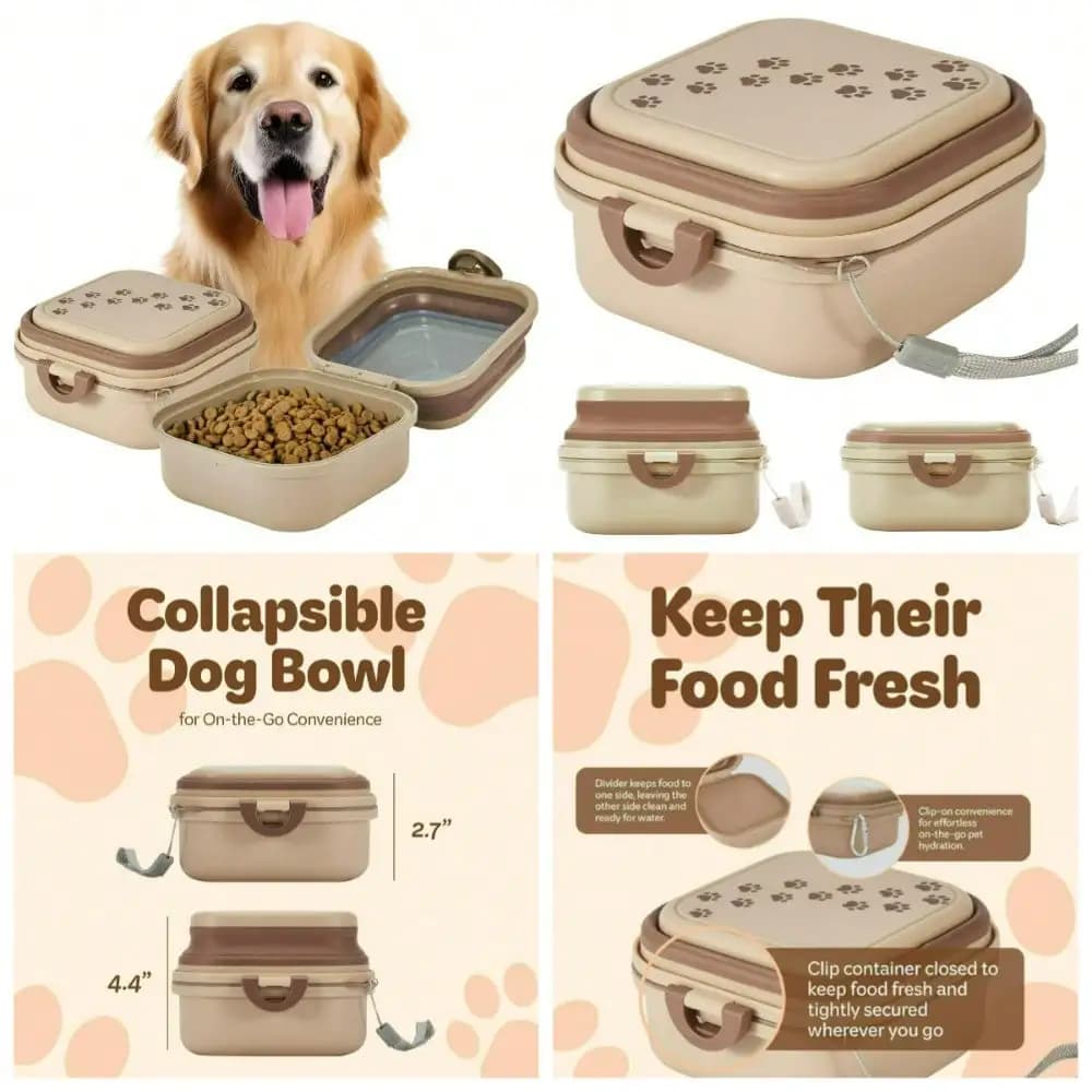 Ciotola pieghevole 2 in 1 per cibo e acqua per cani, portatile, con coperchio e maniglia per il trasporto, ideale per escursioni e passeggiate.