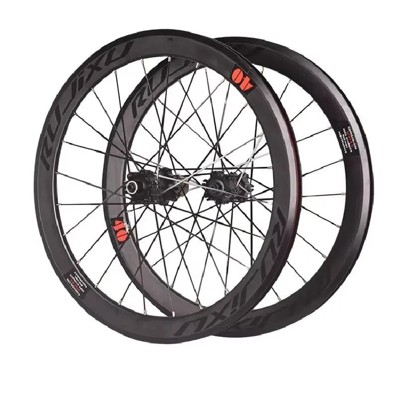 Set di ruote per bicicletta RUJIXU 406/451 Set di ruote per bicicletta da strada pieghevole Set di ruote in carbonio con freno a disco a sei fori/blocco centrale