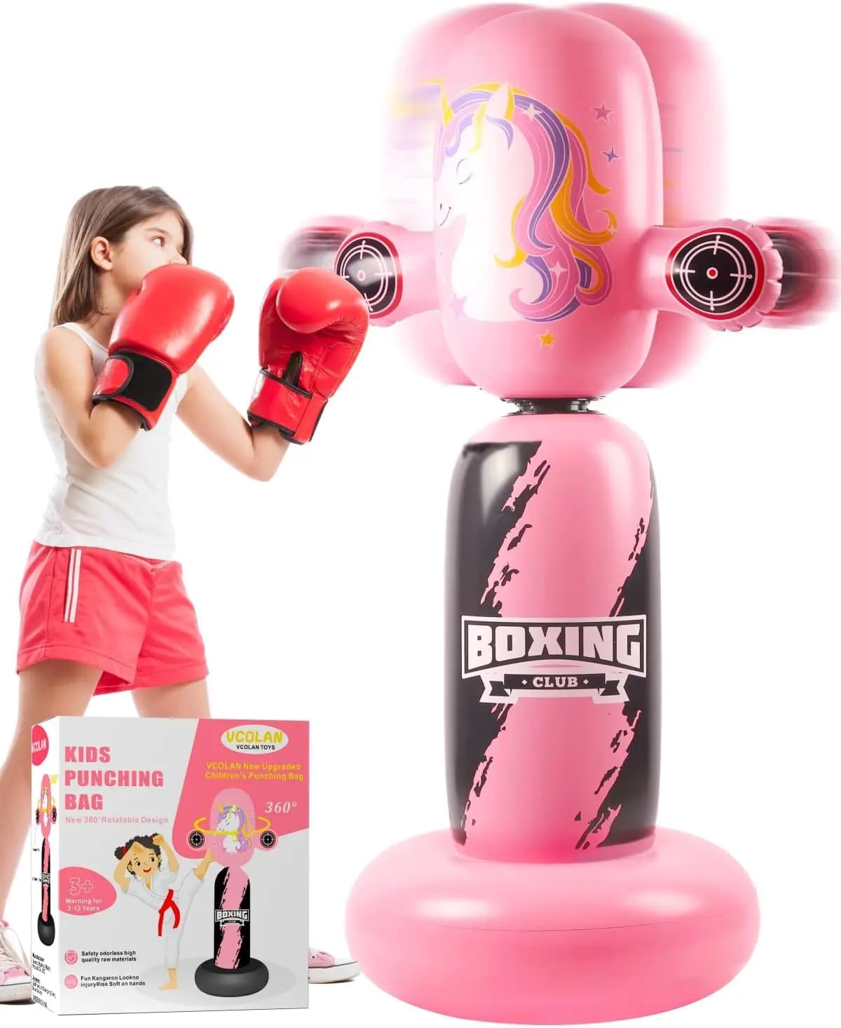 Sacco da Boxe per Bambini, 360 ° Sacco da Boxe Gonfiabile Rotante per Bambini e Bambine dai 3 ai 12 Anni