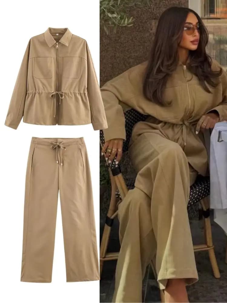 HH Elegant Women's 2-Piece Set Lapel Long Sleeves Zipper Pocket Belt Coat+Chic High Waist Elastic Waist Drawstring Wide Leg Pant