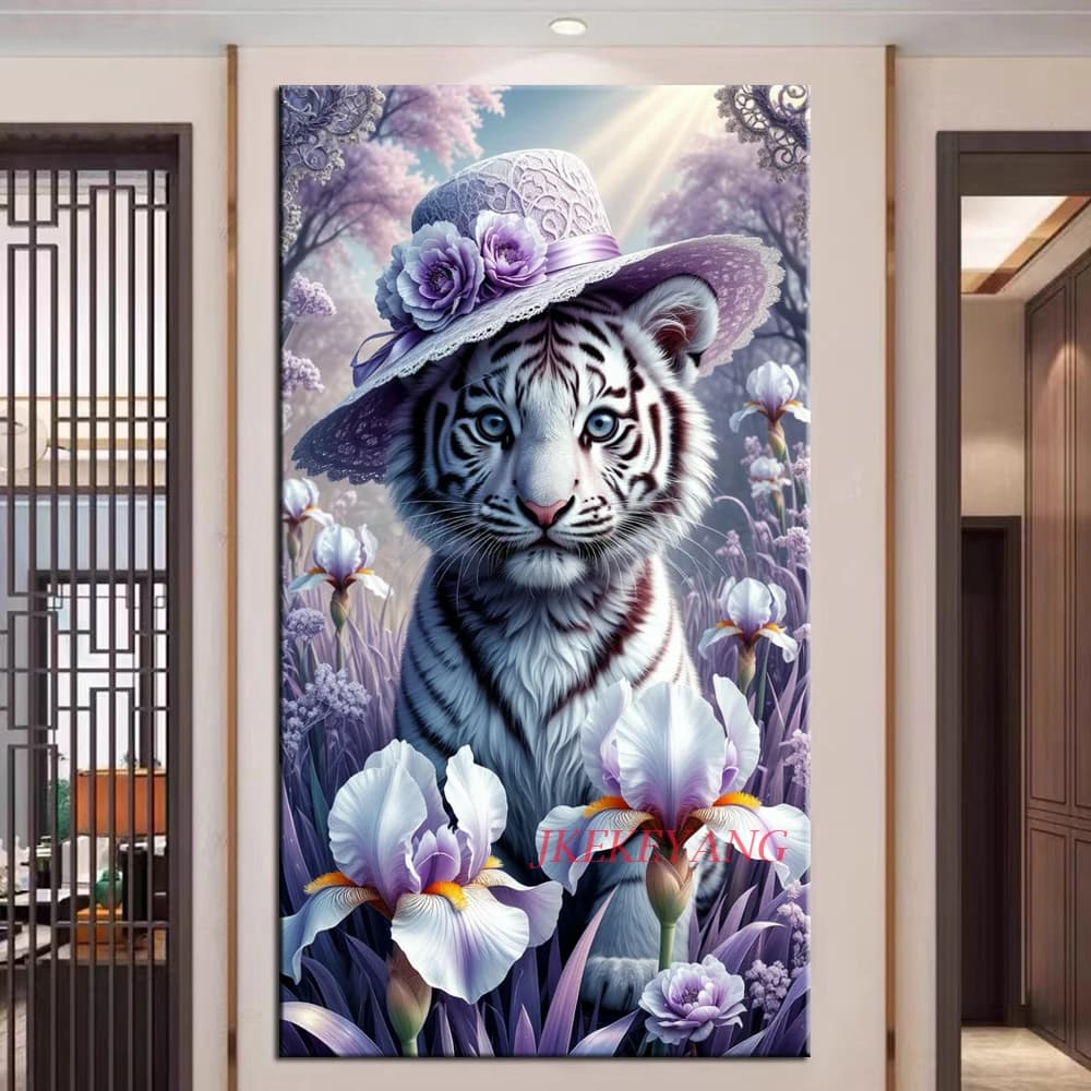 Un tigre bianco con un cappello immagine pittura diamante fai da te punto croce trapani completi diamante mosaico nuova collezione decorazioni per la casa