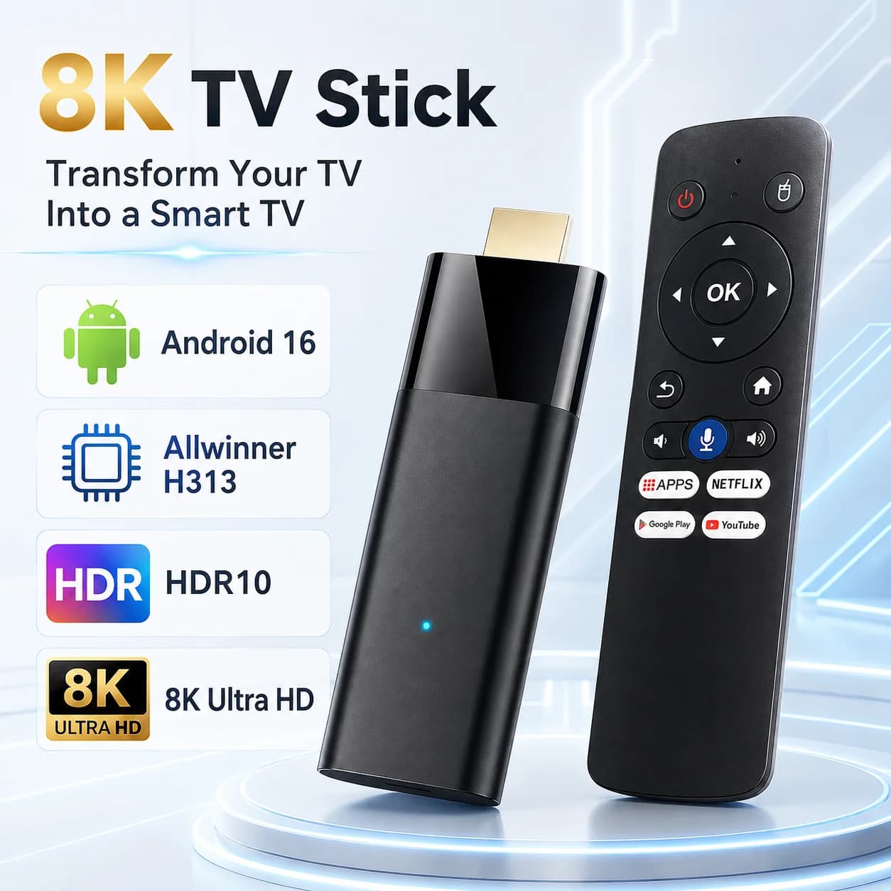 Android 16 TV Stick H313 8K 60fps Smart TV Dongle Dual WiFi 2.4G&5G Bluetooth 5.4 HDR10 TV Box HDMI Media Player Set Top Box