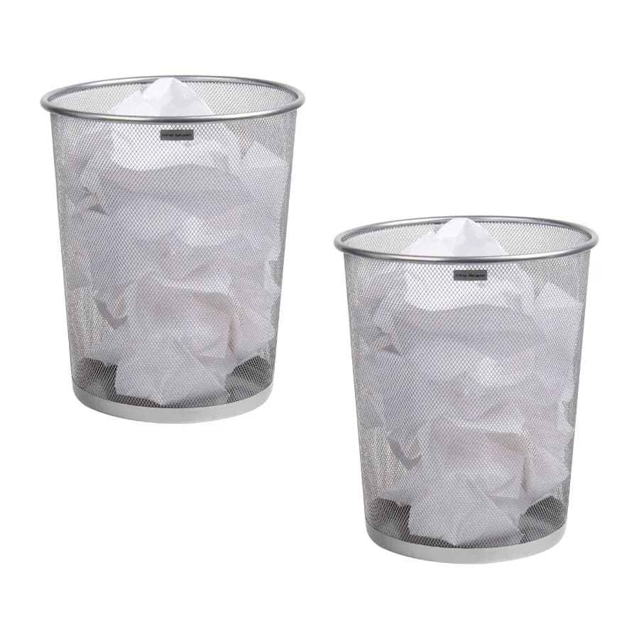 Mesh Trash Can 16.65L 4.4 gal Waste Paper Basket Round Office Metal Mesh 11.5"L x 11.5"W x 13.75"H Set of 2 Silver