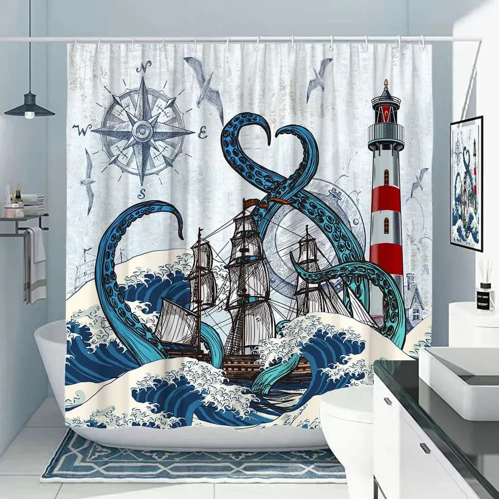Tenda da doccia con polpo Oceano nautico Tartaruga marina Spiaggia Pesce blu costiero Conchiglia Medusa Tende da bagno in tessuto Decorazioni per il bagno