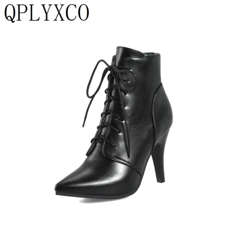 QPLYXCO Super Big Size 53 54 Ankle Boots for Women Spring Autumn Winter Pointed Toe High Heels Lace Up Party Wedding Bootie A-1