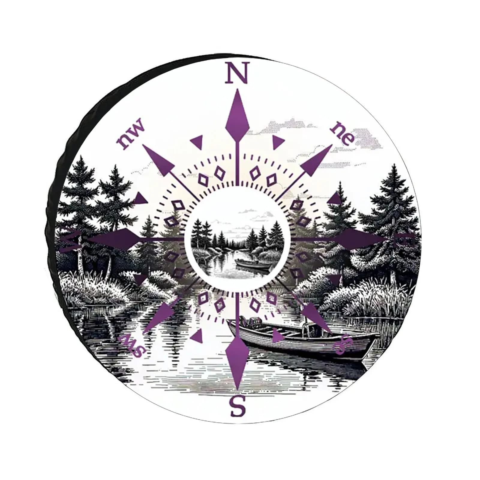 Copriruota di scorta con grafica Woodland River Compass, protezione resistente in poliestere per ruote di camper, fuoristrada e camion
