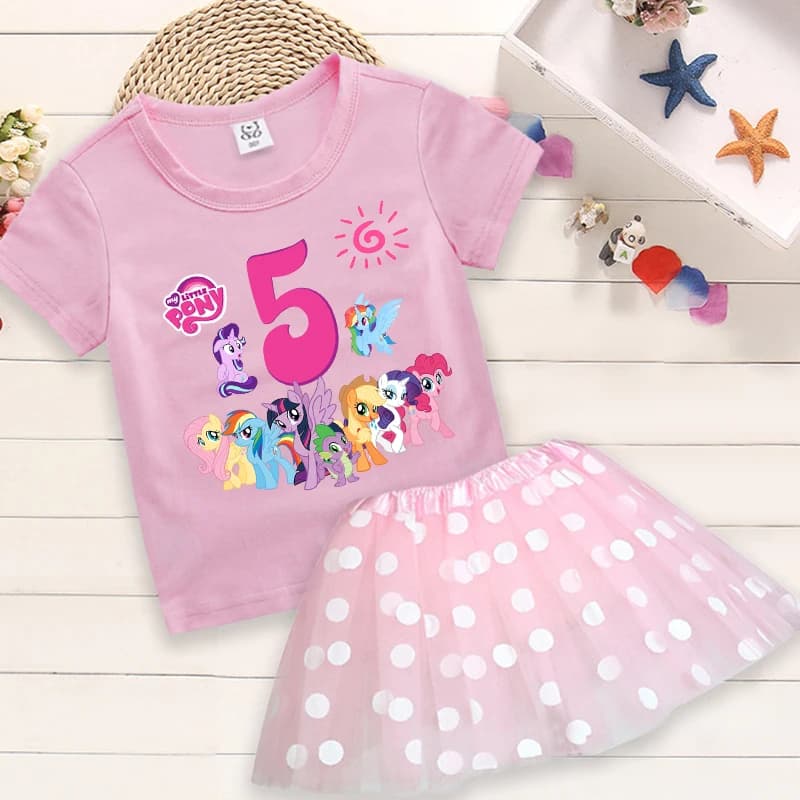 Maglietta per compleanno My Little Pony per bambine, set di vestiti per ragazza, vestito da principessa cosplay, magliette stampate con numero + gonna, abbigliamento per bambini