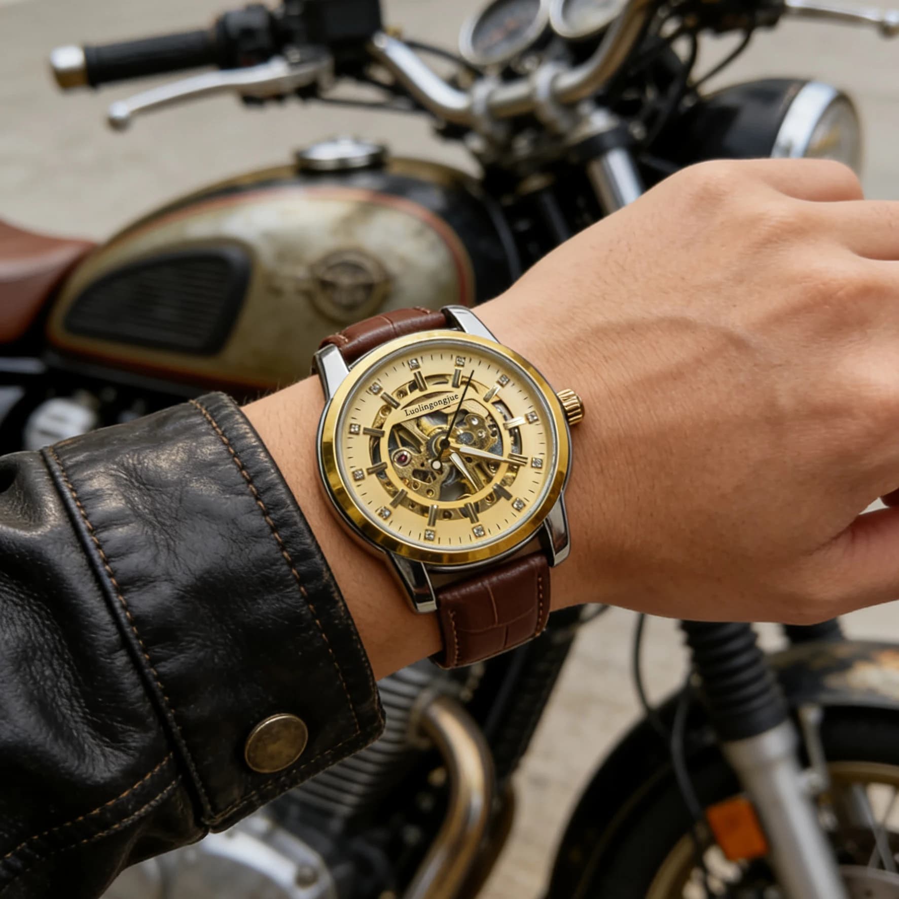 Luxury Men's Skeleton Automatic Mechanical Wristwatch, Hollow Dial with Diamond Markers, Leather Strap, Skeleton Waterproof Business Dress Watch, Stylish Casual Self-Winding Watch, Suitable for Gentlemen, Ideal Gift for Husband, Boyfriend, Father, Fashionable Men's Watch, Daily Wear, Business Occasions