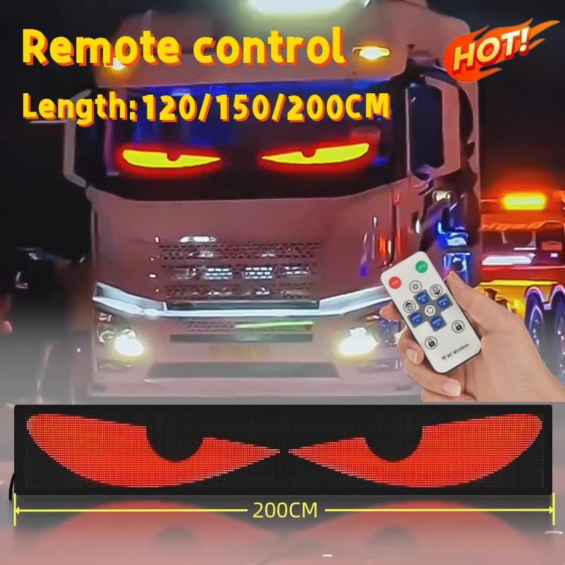 Parabrezza per camion Devil's Eye, telecomando, display flessibile per animazione degli occhi a LED, messaggio a scorrimento intelligente, cartello a LED morbido
