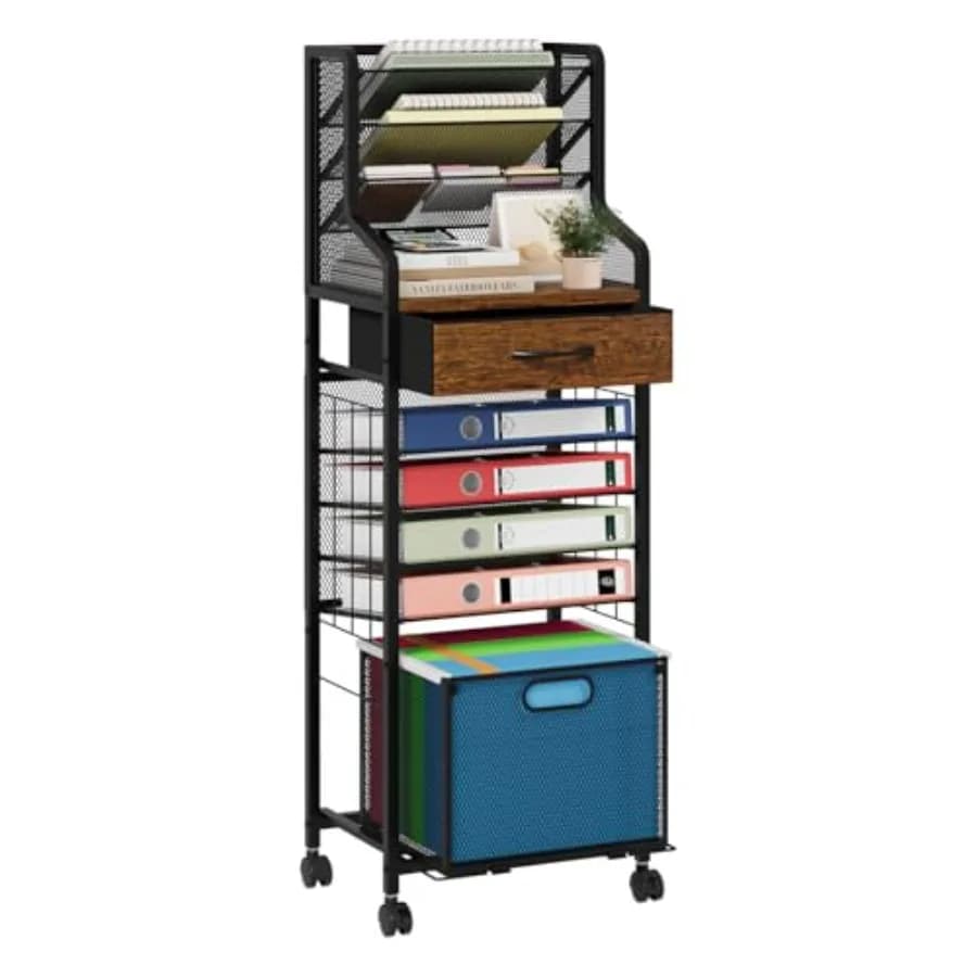10-Tier Rolling File Cart - Mesh Paper Organizer with Drawer and Hanging File Folders on Lockable Wheels, Rolling File Cabinet