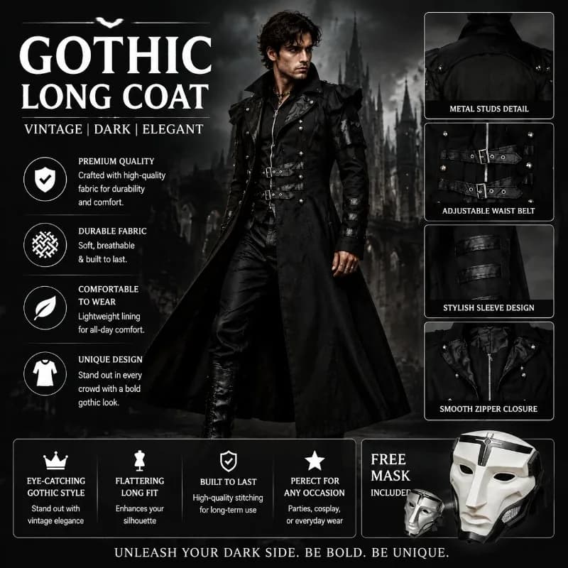 Cappotto Gotico Steampunk da Uomo – Trench Lungo Punk, Giacca Doppiopetto con Cerniera, Costume Cosplay e Medievale con Maschera Gratuita