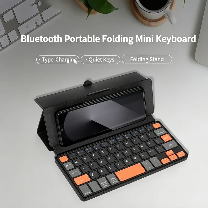 Portable Touch Keyboard Dual Bluetooth Numeric Keypad Foldable Leather Case Stand Mini Keyboard for Office and Business Trips
