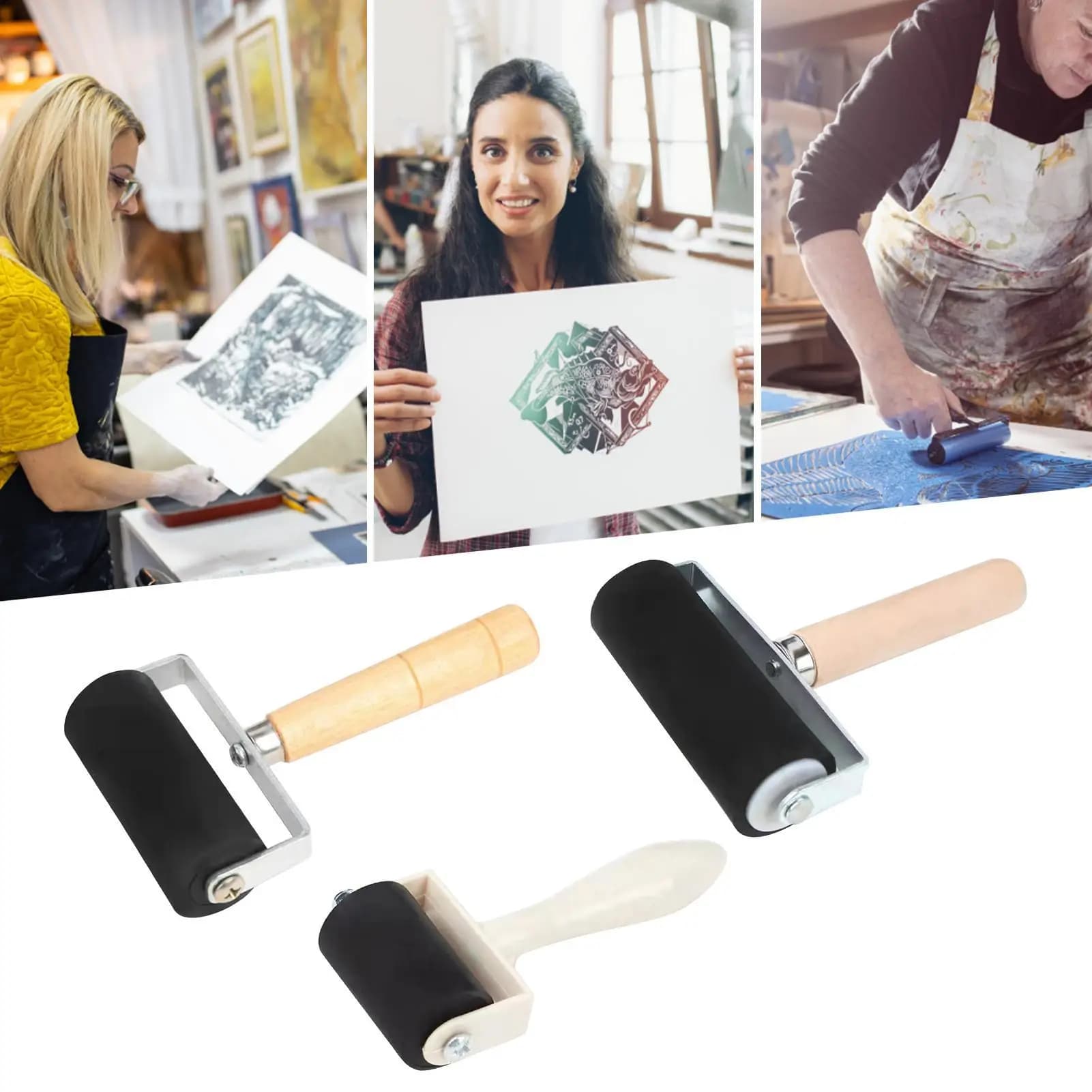 Rubber roller stamp with wooden handle, manual ink applicator, hand printing tool, hand made artistic print tool for scrapbooking