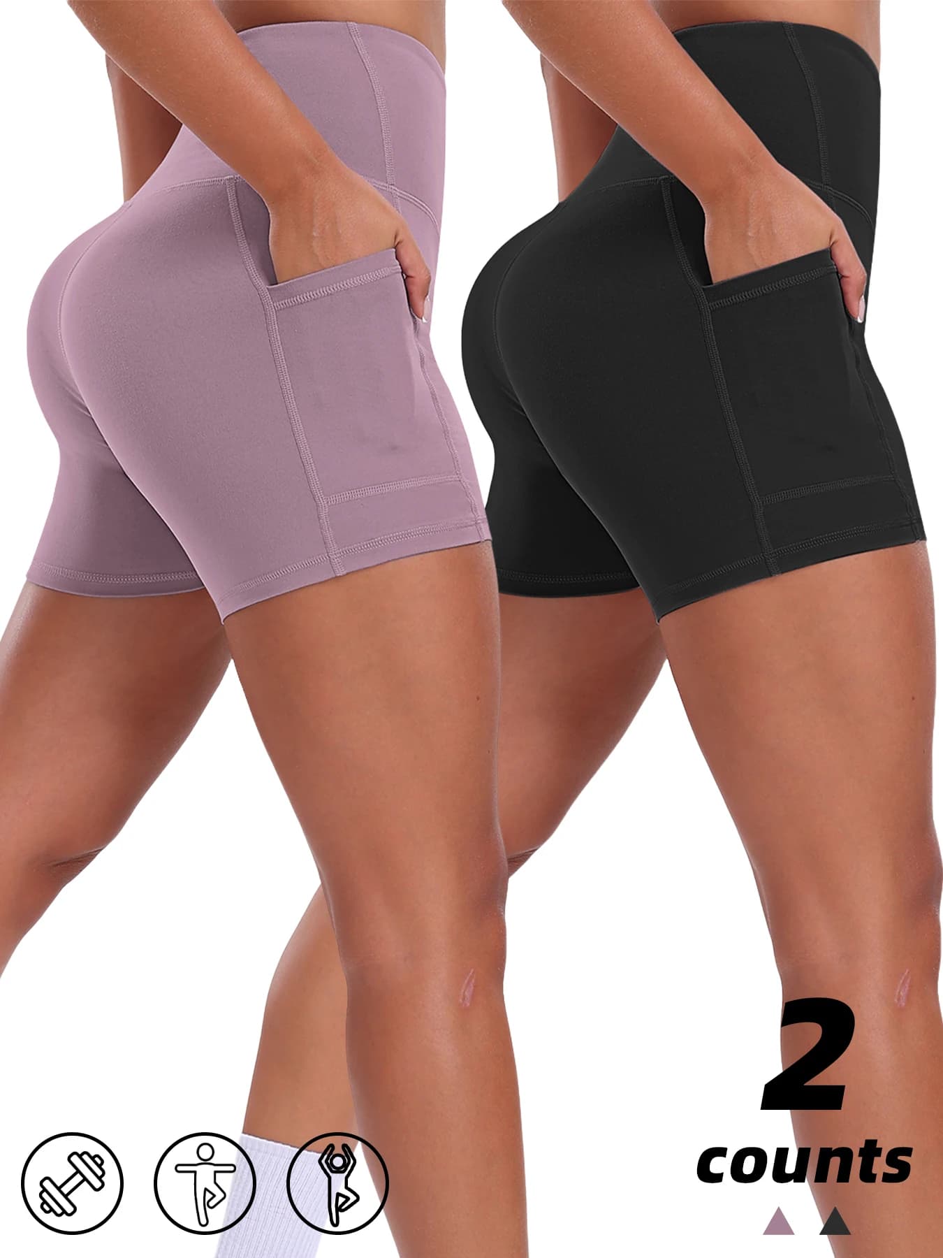 2 Pezzi Pantaloncini Yoga con Tasche a Vita Alta, Modellanti, per Ciclismo, Allenamento Outdoor, Palestra, Corsa, Abbigliamento Sportivo