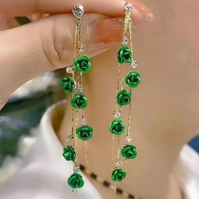 New Rose Flower Long Tassel Dangle Earrings Women Fashion Personalized Blue Red Green Rhinestone Flower High End Party Wedding Jewelry Holiday Gift