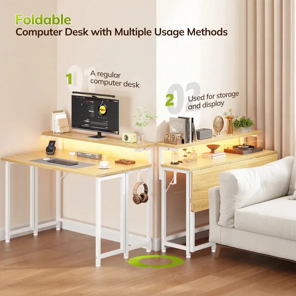Scrivania da gioco pieghevole da 31,5 W con luci a LED, supporto per monitor e spazio di archiviazione per piccoli spazi, scrivania per computer da gioco per ufficio
