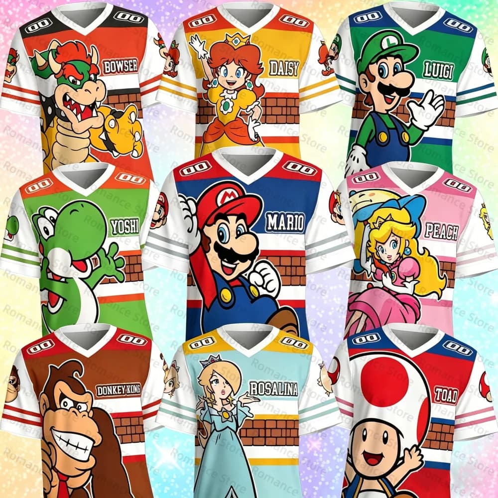 Maglietta Super Mario Bros Soccer, T-shirt Sportiva Casual con Mario, Luigi, Peach, Bowser, Yoshi per Uomini, Donne e Bambini