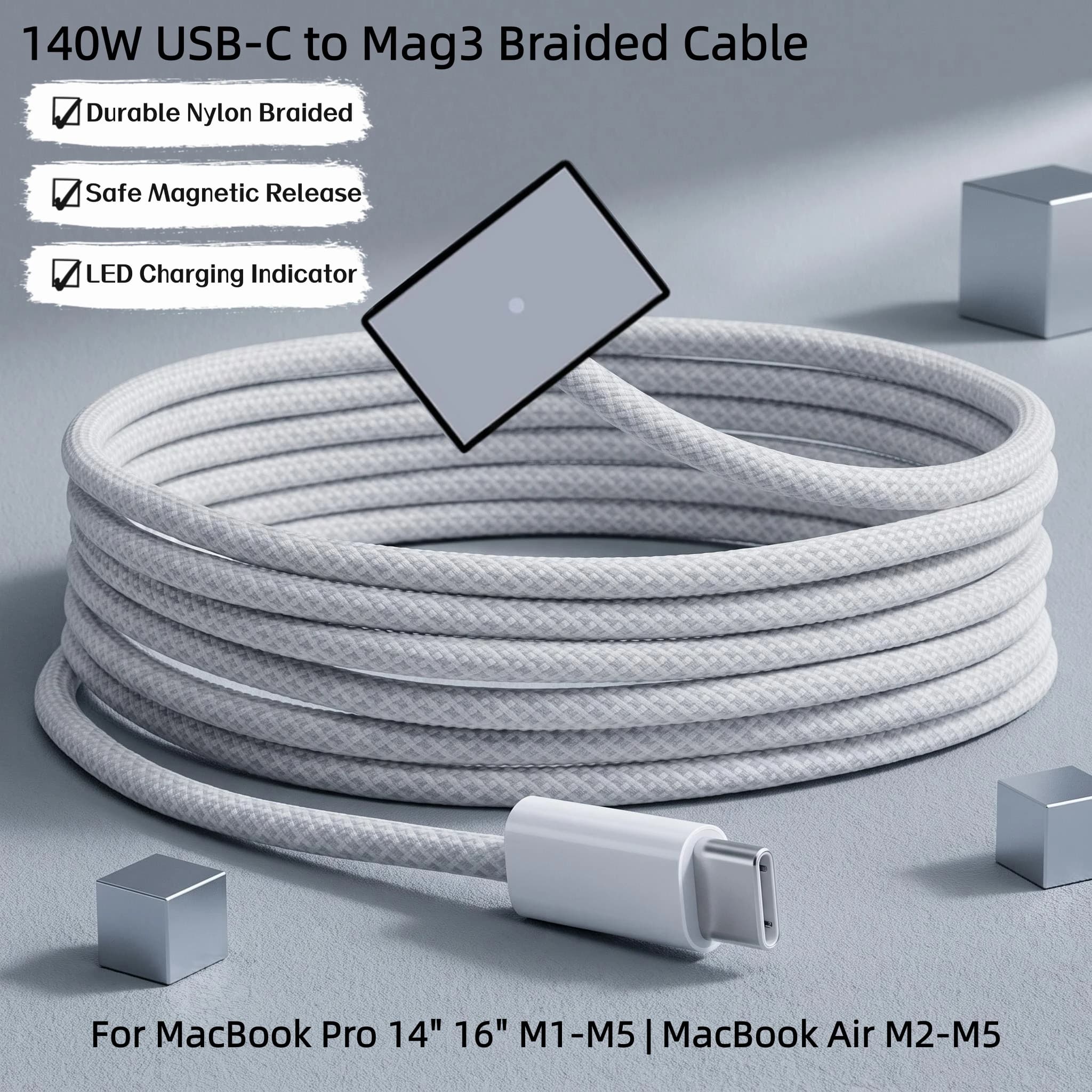 140W USB‑C to MagSafe 3 Braided Charging Cable For MacBook Pro 14" 16" M1‑M5 Air M2‑M5 Magnetic Charger Cord with LED Indicator