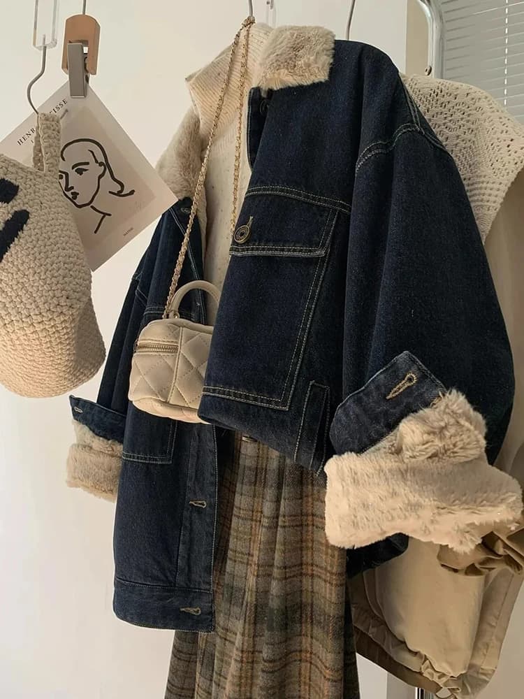 Giacca di jeans vintage in peluche per donna Y2K inverno spesso risvolto allentato jeans caldi cappotti streetwear monopetto capispalla tutto abbinato