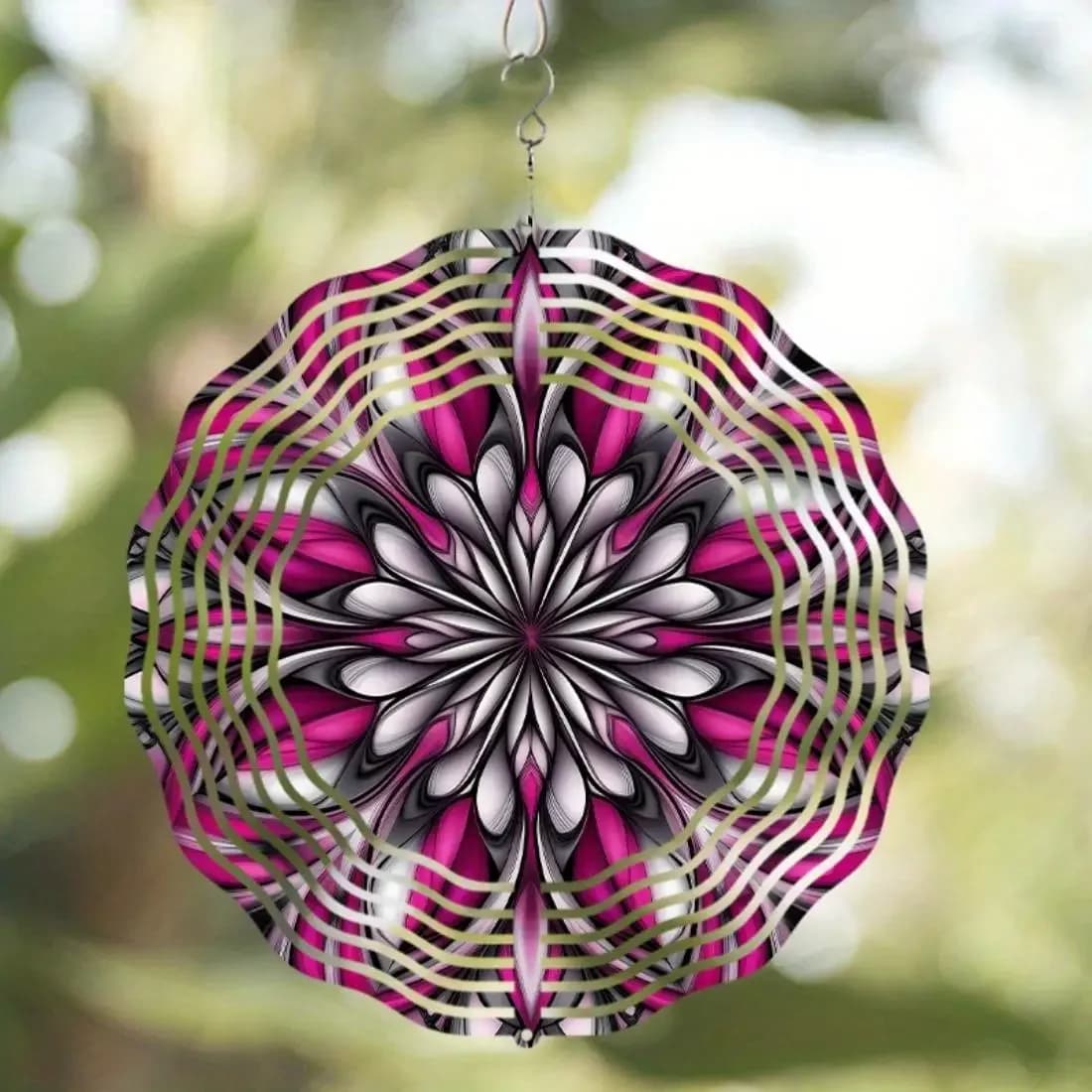 HELLOYOUNG Metal Wind Spinner, Pink Black Mandala Kinetic Art Wind Chime for Outdoor Garden, Battery-Free Yard Gift